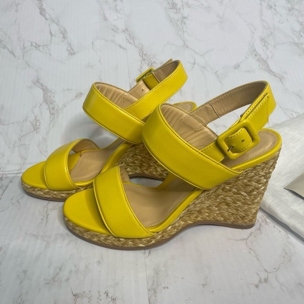 NEW Marion Parke Wedge Sandals Raffia Yellow Leather Size 36.5